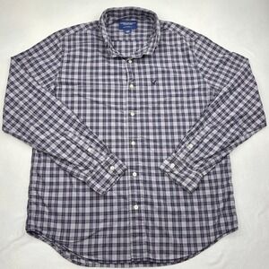 Vintage American Eagle Plaid Shirt Mens Large Grey Navy Blue Button Down Cotton